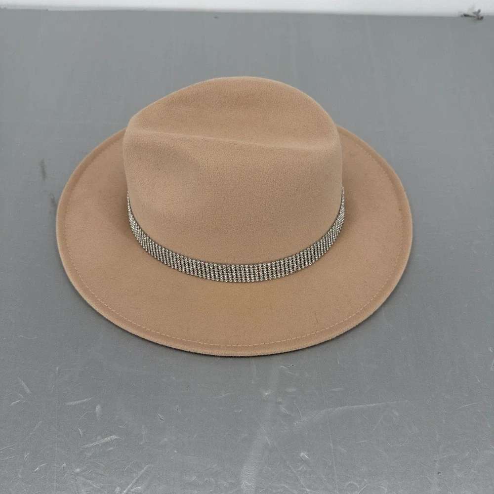 Altar'd State Tan‎ Beige Rhinestone Band Wide Brim Fedora Hat One Size Boho